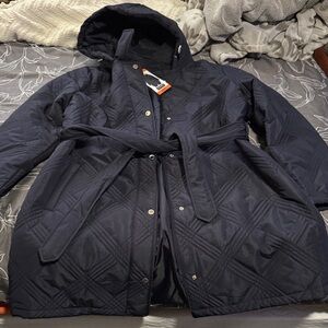 Women's Quilted Hooded Belted Coat - Navy